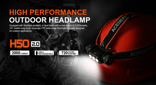 AceBeam H50 2.0 Lightweight 2000 lumen rechargeable headlamp