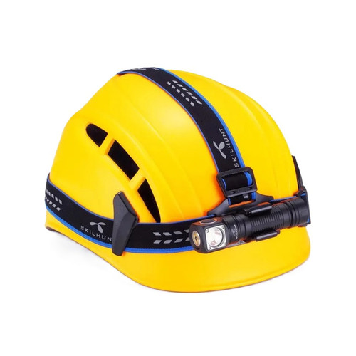 Skilhunt HB3 Headband for mini torches and right angle headlamp with a mini torch attached to a yellow hard hat.