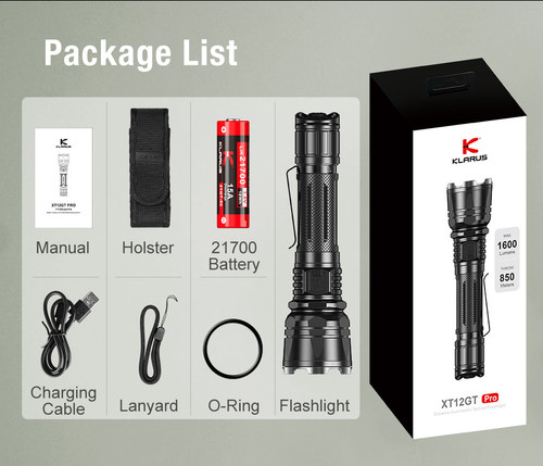 Klarus XT12GT PRO Compact 1600 lumen 850m long-range rechargeable torch