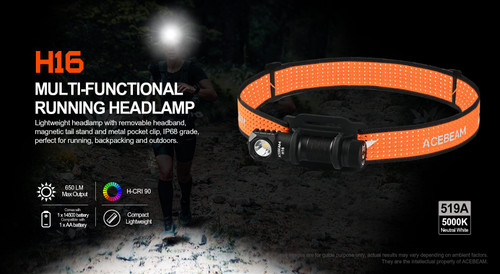 AceBeam H16 Multi-functional 1000 lumen lightweight running headlamp