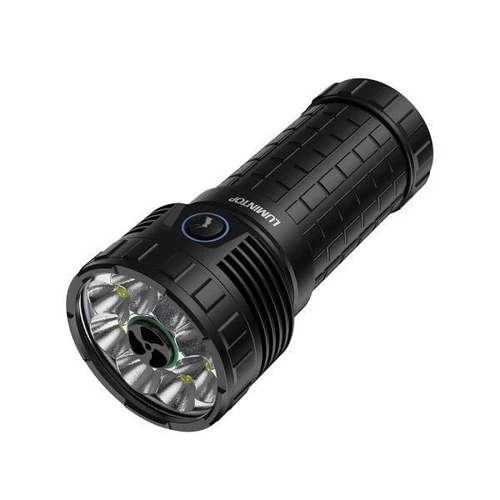 Lumintop Mach 4695 Compact 26000 lumen 520m throw rechargeable torch, front angle view showing LEDs and button.