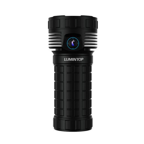 Lumintop Mach 4695 Compact 26000 lumen 520m throw rechargeable torch, standing upright, front view.