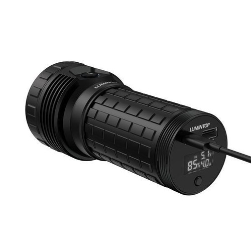 Lumintop Mach 4695 Compact 26000 lumen 520m throw rechargeable torch charging with display.