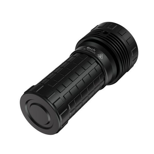 Lumintop Mach 4695 V2.0 Compact 26000 lumen 520m throw rechargeable torch, rear angle view showing tailcap.
