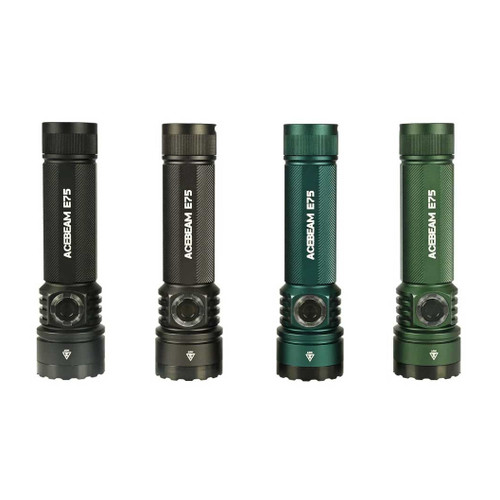 Four ACEBEAM E75 flashlights in black, grey, teal, and green, standing upright, showcasing color options.