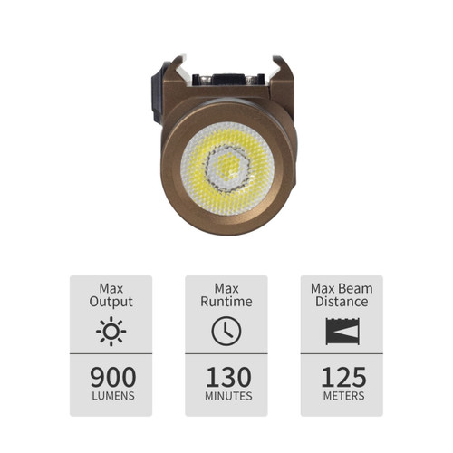 Front view of Black Scout Survival flashlight with 900 lumens, 130 min runtime, 125m beam.
