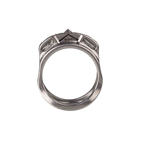 Overhead view of the RovyVon Pioneer P1 ring with a pointed top and engraved logo, showcasing its unique design.