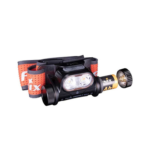 Fenix HM65R-T V2.0 Dual output 1600 lumen USB-C rechargeable headlamp with battery compartment open.
