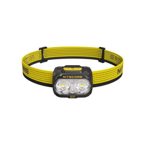 Nitecore UT27 headlamp in black and yellow, front view showing its dual LEDs. Ideal for outdoor use.