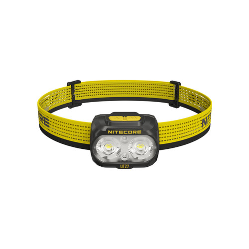 Nitecore UT27 headlamp with dual white LEDs and a bright yellow adjustable strap, front view.