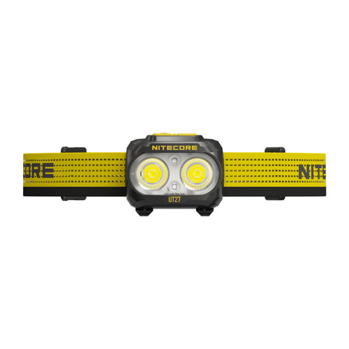 Nitecore UT27 headlamp with dual white LEDs and a yellow strap, shown in a straight front-on view.