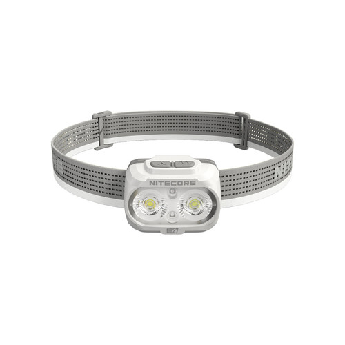 Nitecore UT27 headlamp with dual white LEDs and a light grey adjustable strap, shown from the front.