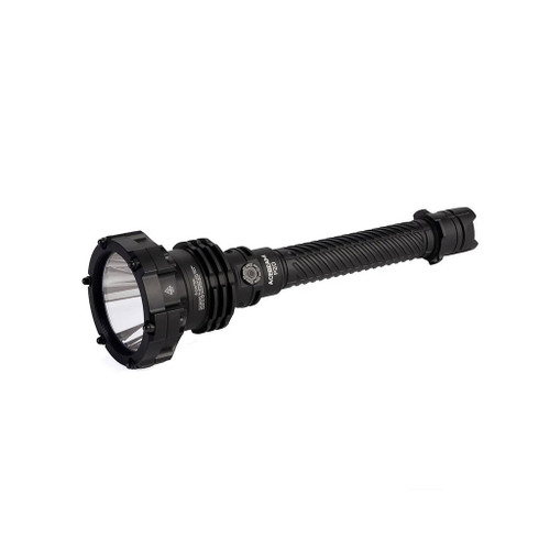 Acebeam P20 - 1454m 5600 Lumen Long-Range LED Thrower shown at an angle, highlighting its large reflector.