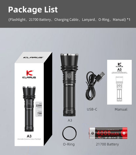 Klarus A3 Zoomable 2200 lumen adjustable focus USB-C rechargeable torch