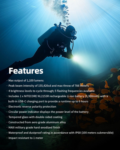 Nitecore DL30 Underwater 1100 lumen 588m throw dive torch