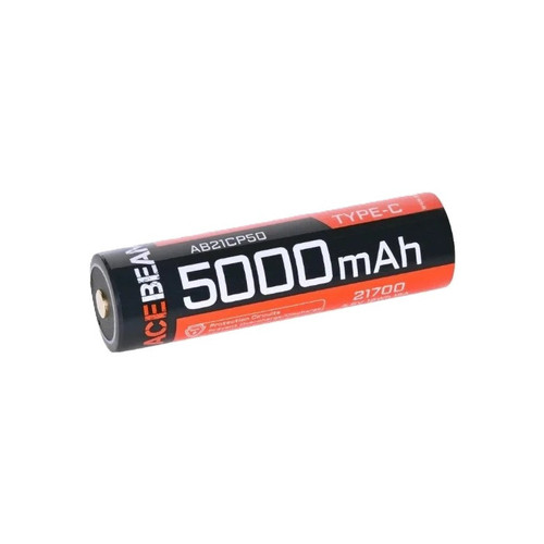Acebeam AB21CP50 Type-C - 5000mAh 21700 USB-C Li-ion Battery showing capacity and model number.