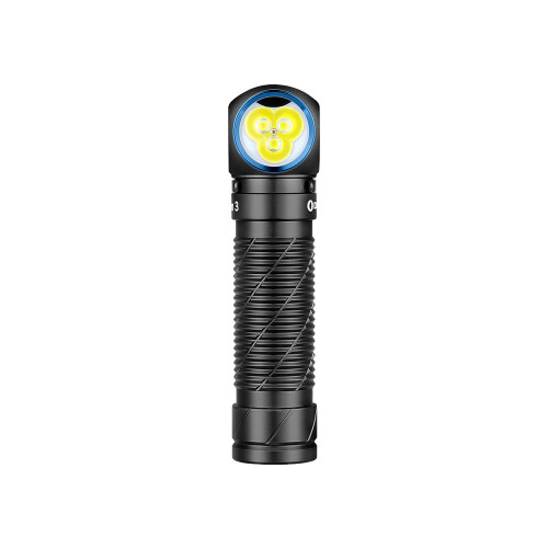 Olight Perun 3 High Performance 3000 lumen rechargeable headlamp detached, standing upright, front view with light on.