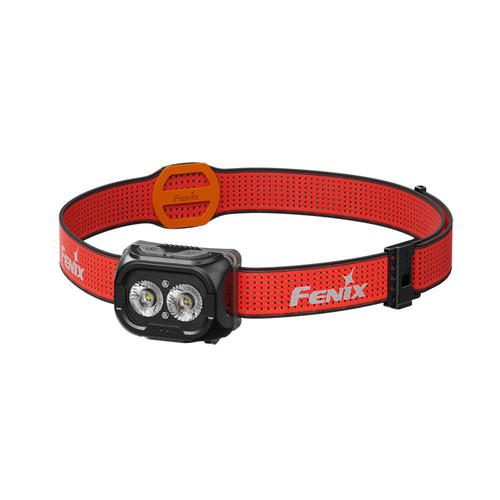 Fenix HL18R-T V2.0 Lightweight 800 lumen rechargeable trail-running headlamp with red strap, front view.