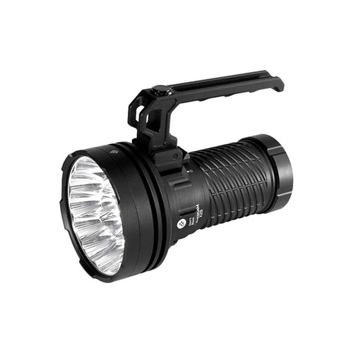 Acebeam X25 powerful LED flashlight with tactical handle attached, shown from a side angle.