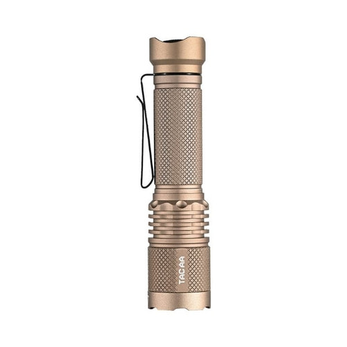 AceBeam TAC AA 2.0 Compact 1000 lumen EDC torch in tan, standing upright, front view.