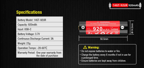 Klarus 14GT-92UR High Performance 920mAh rechargeable Li-ion battery