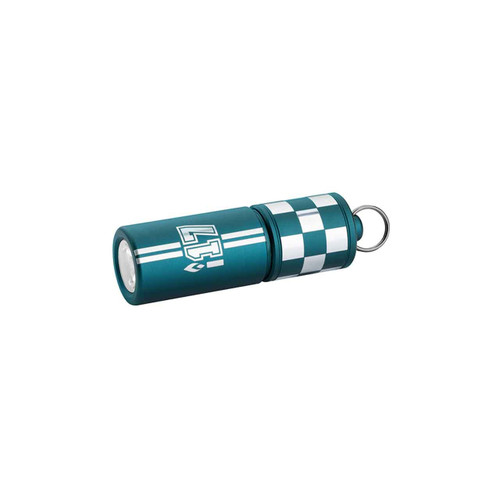 Olight i17 Checkered Flag Limited Edition Rechargeable Keychain Light from a slight angle, showing the '17' logo and checkered pattern.
