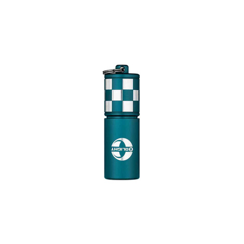 Olight i17 Checkered Flag Limited Edition Rechargeable Keychain Light standing upright, displaying the Olight logo and checkered pattern.