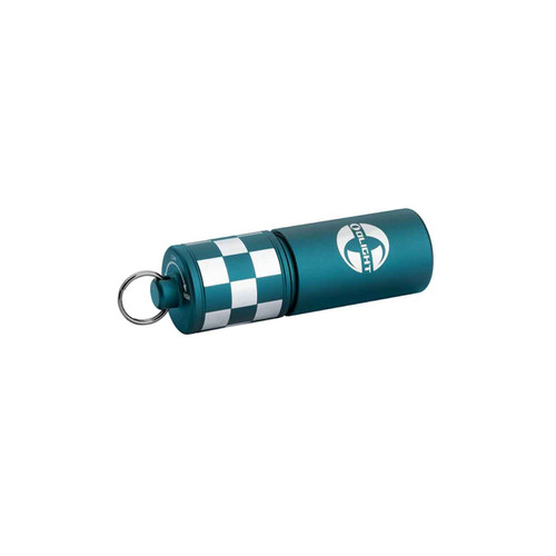 Olight i17 Checkered Flag Limited Edition Rechargeable Keychain Light side view, showing the Olight logo and checkered pattern.