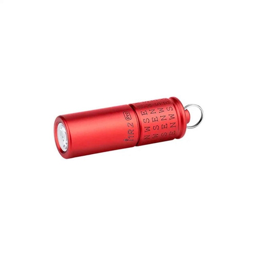 Angled view of the Olight i1R 2 Pro Cardinal Directions Limited Edition 180 Lumen Keychain Light in red.