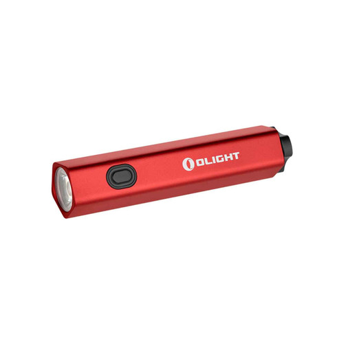 Olight Diffuse 700 Lumen Lightweight Powerful LED Torch in red, shown at an angle with the LED and side button visible.