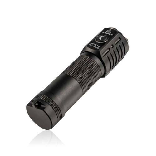 Angled view of the Lumintop Apollo V2 High CRI 1300 lumen rechargeable torch, showing its tail cap.