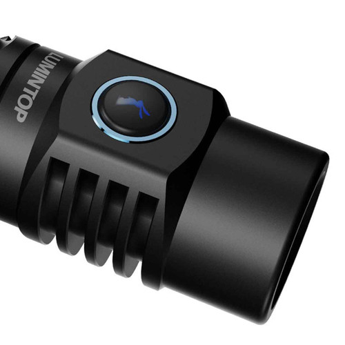Close-up of the Lumintop Thor Mini 250 lumen 700 meters LEP Torch's power button with blue rabbit logo.