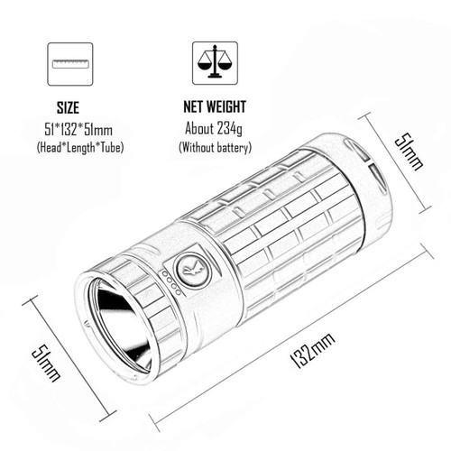 Dimensions and net weight diagram for the Lumintop DF2 1600 Lumen USB-C Rechargeable Torch with 46800 Battery.
