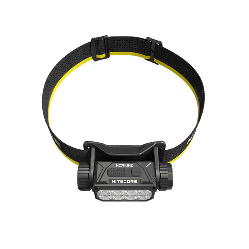 Top view of the Nitecore HC75 UHE 3000 Lumen USB-C Rechargeable Headlamp, displaying the HC75 UHE model name.
