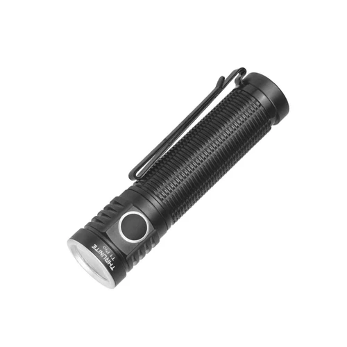 Angled view of the ThruNite T1 Pro 1920 Lumen Compact USB-C Rechargeable LED Torch, featuring its black body, pocket clip, and side switch.