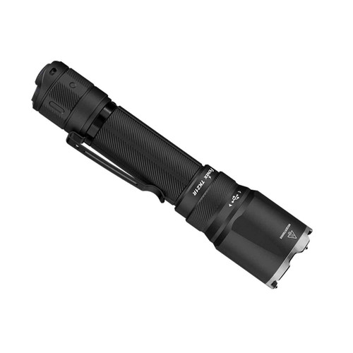 Fenix TK21R 3600 Lumens 480 metre Tactical LED Rechargeable Torch, side view showing clip and charging port.