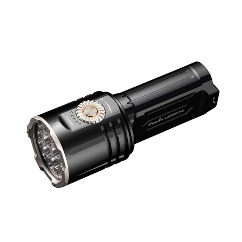 Fenix LR35R Pro - Flood and Spot 10000 Lumens 500m throw LED Searchlight shown from a front angle, highlighting LEDs and control dial.