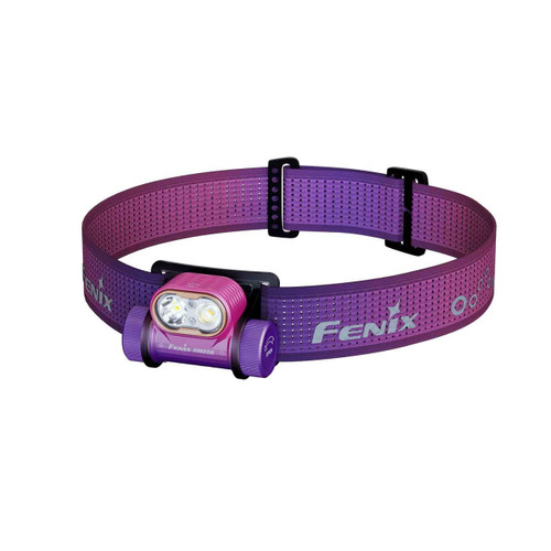 Pink Fenix HM55R 1200 Lumen Lightweight Multi-LED Rechargeable Headlight with its adjustable pink headband.