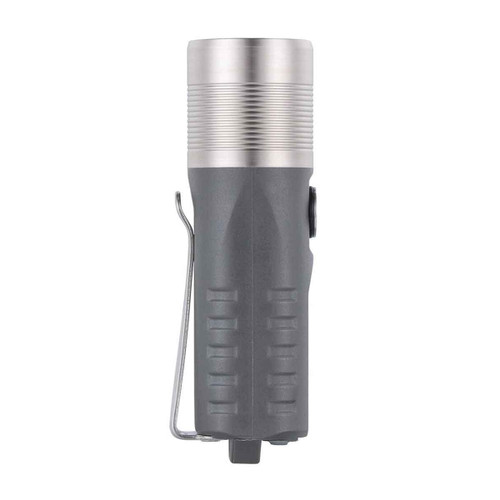 Side view of the grey RovyVon Aurora A21 1000 Lumens Rechargeable EDC Torch, showing the pocket clip.