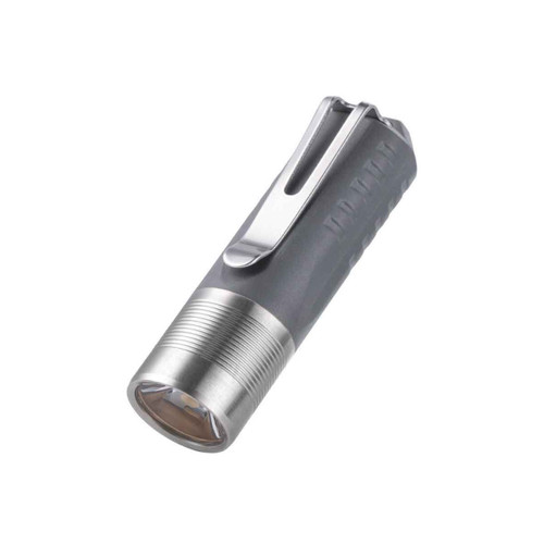 Angled view of the grey RovyVon Aurora A21 1000 Lumens Rechargeable EDC Torch with its pocket clip.