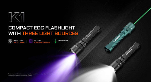 AceBeam K1 1000 Lumen EDC Torch – White, Green Laser & UV Torch