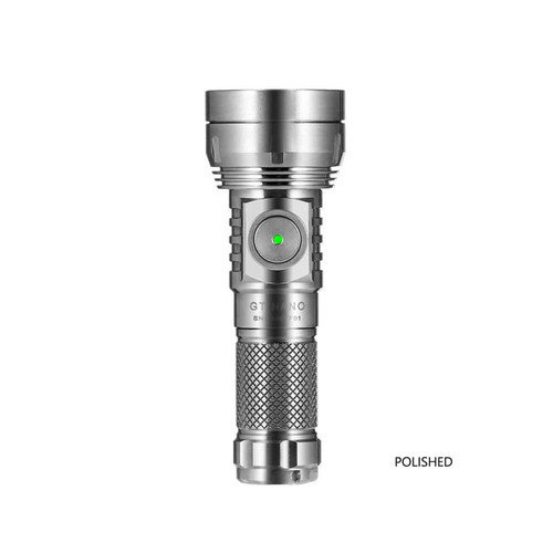 Lumintop GT Nano 3.0 Ti 700 Lumen USB-C Rechargeable Mini Torch in a polished titanium finish with green button light.