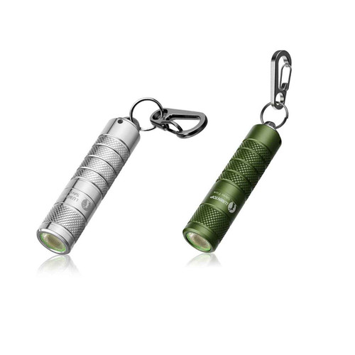Lumintop Silver Fox 760 Lumens Keyring Torch (silver) next to a green version of the torch.