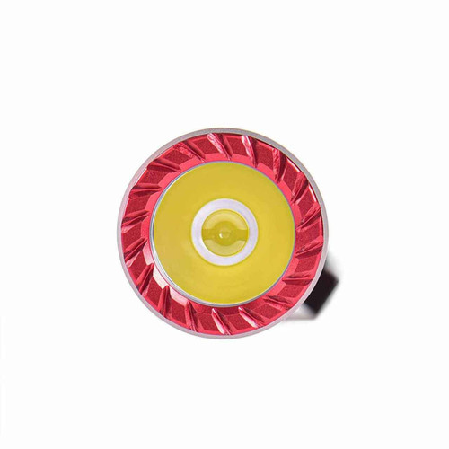 Close-up view of the red Wuben E12R flashlight's head, showing the LED and reflector design.
