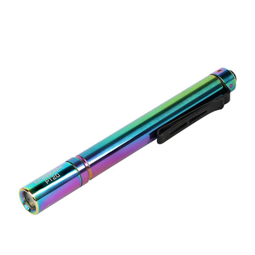 Acebeam PT20 iridescent penlight flashlight with a black pocket clip, shown at an angle on a white background.