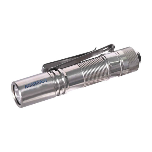 Angled view of a Pokelit AA Titanium flashlight with a pocket clip, showing the front bezel and textured body.