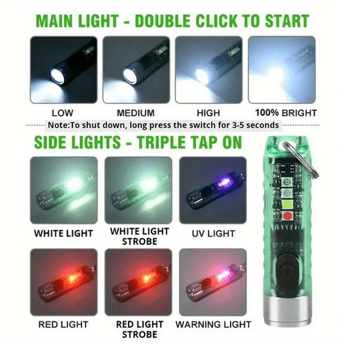 Multifunctional rechargeable 400 Lumen keyring torch with Red, Blue and UV