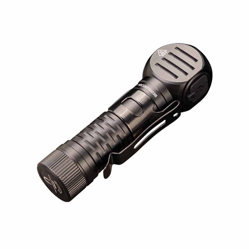 Angled view of the Fenix HM61R V3.0 - 1800 Lumen Spot and Flood LED Headlamp light unit with clip.