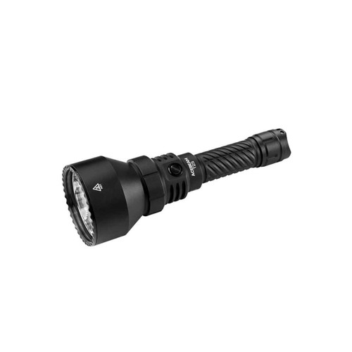 Acebeam T28 tactical flashlight, black aluminum body, showing textured grip and large head.