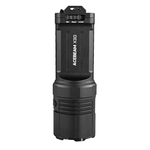 Acebeam X30 powerful flashlight standing upright, showing its front face, control switch, and branding.